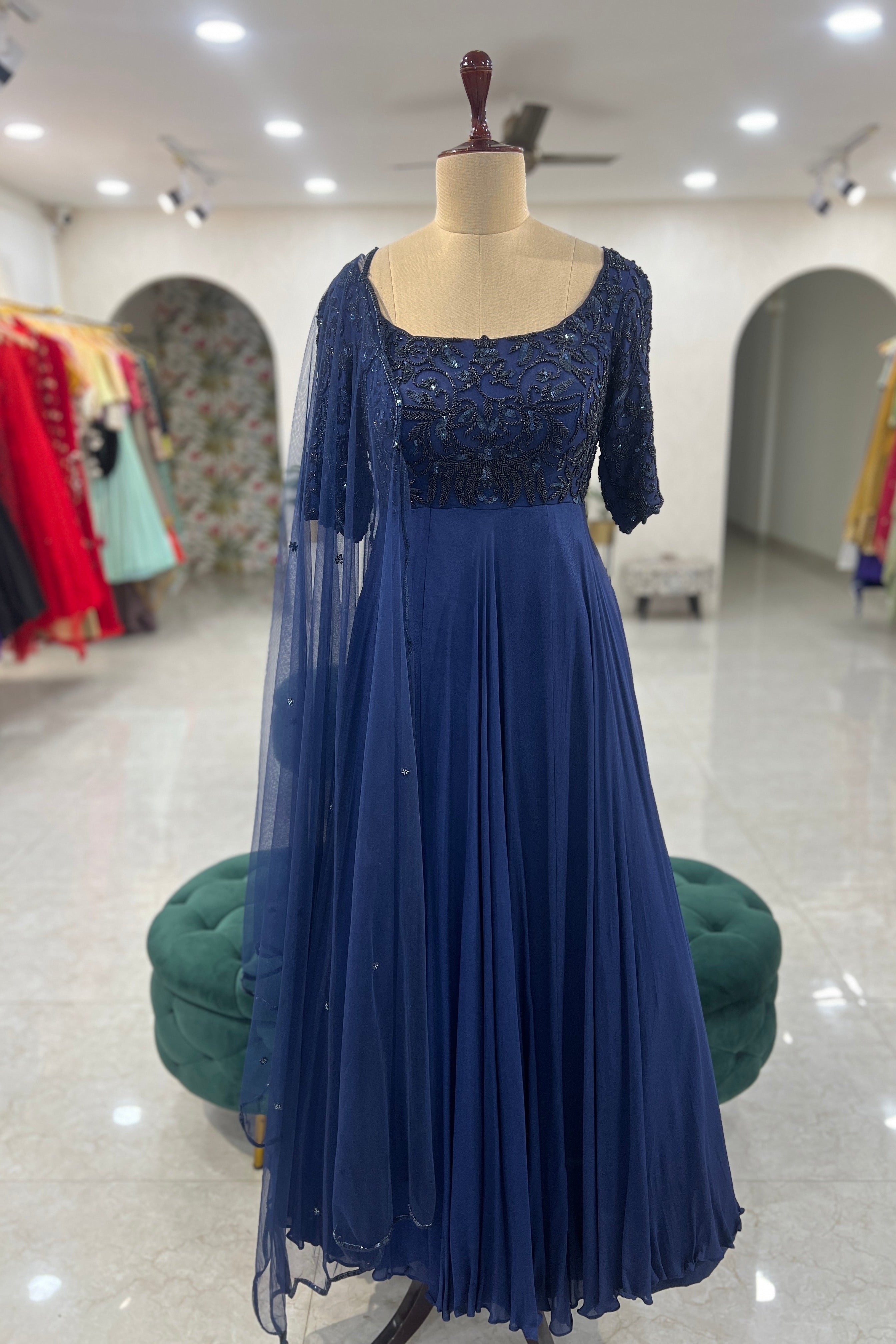 Navy Hand Embroidred Anarkali
